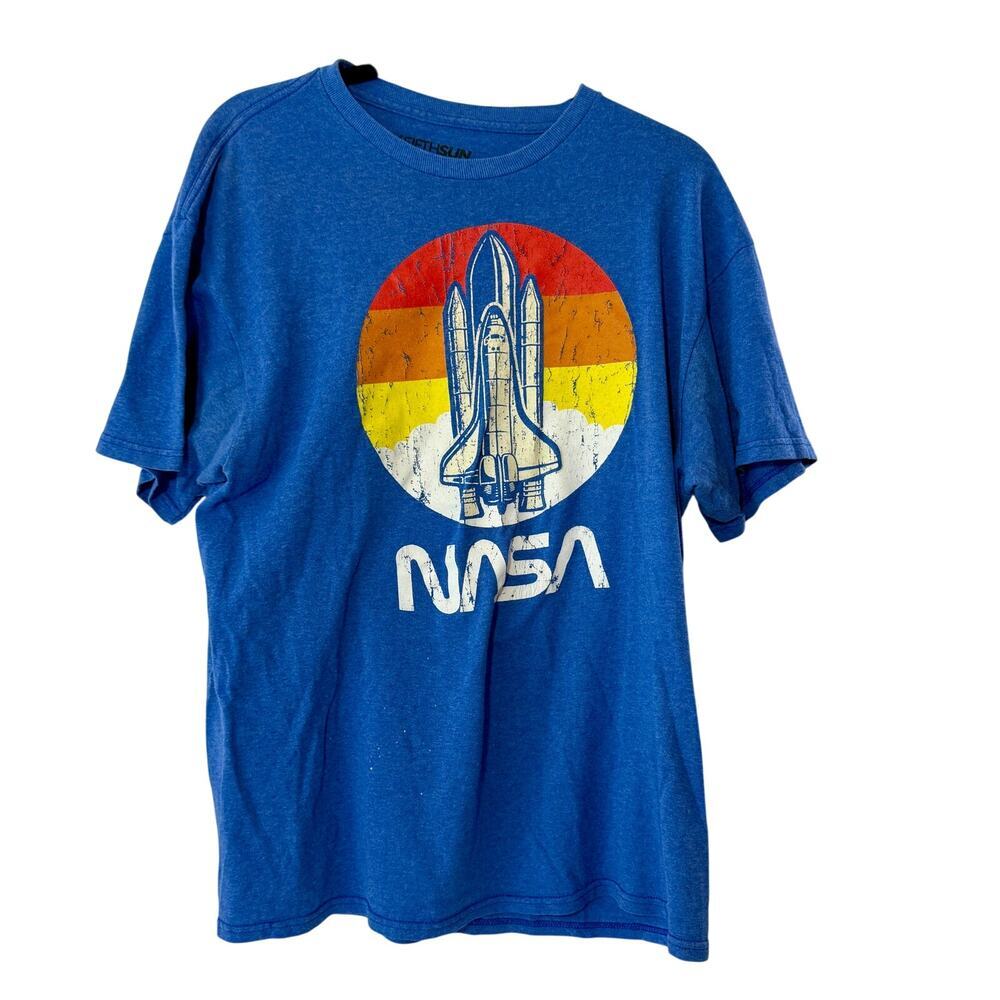 NASA‎ T-Shirt Men Large Space Shuttle Graphic Blue Retro Fifth Sun Fader Y2K